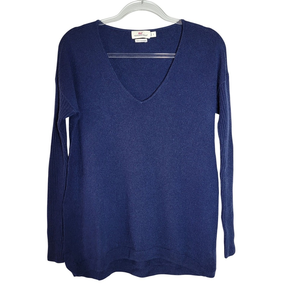 Vineyard Vines Womens Wool Cashmere Sweater Small Blue V-Neck Long SLeeve *FLAW*